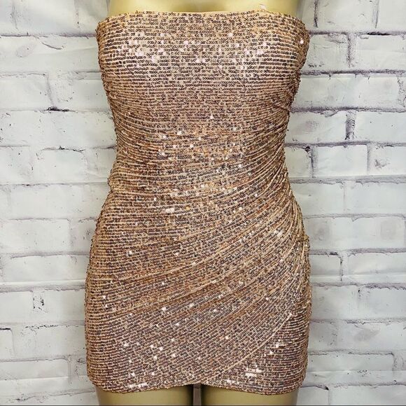 LA FEMME Strapless Rose Gold Sequin Sheath Dress - Picture 7 of 12